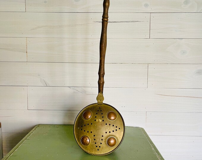 Primitive Antique Copper Popcorn Popper or Chestnut Roaster With Wooden