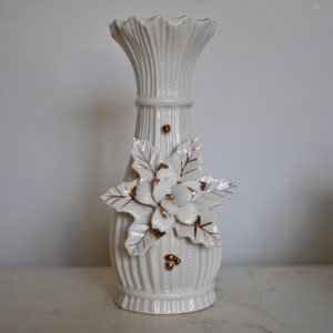 Rare Vintage White Vase with Raised Flower