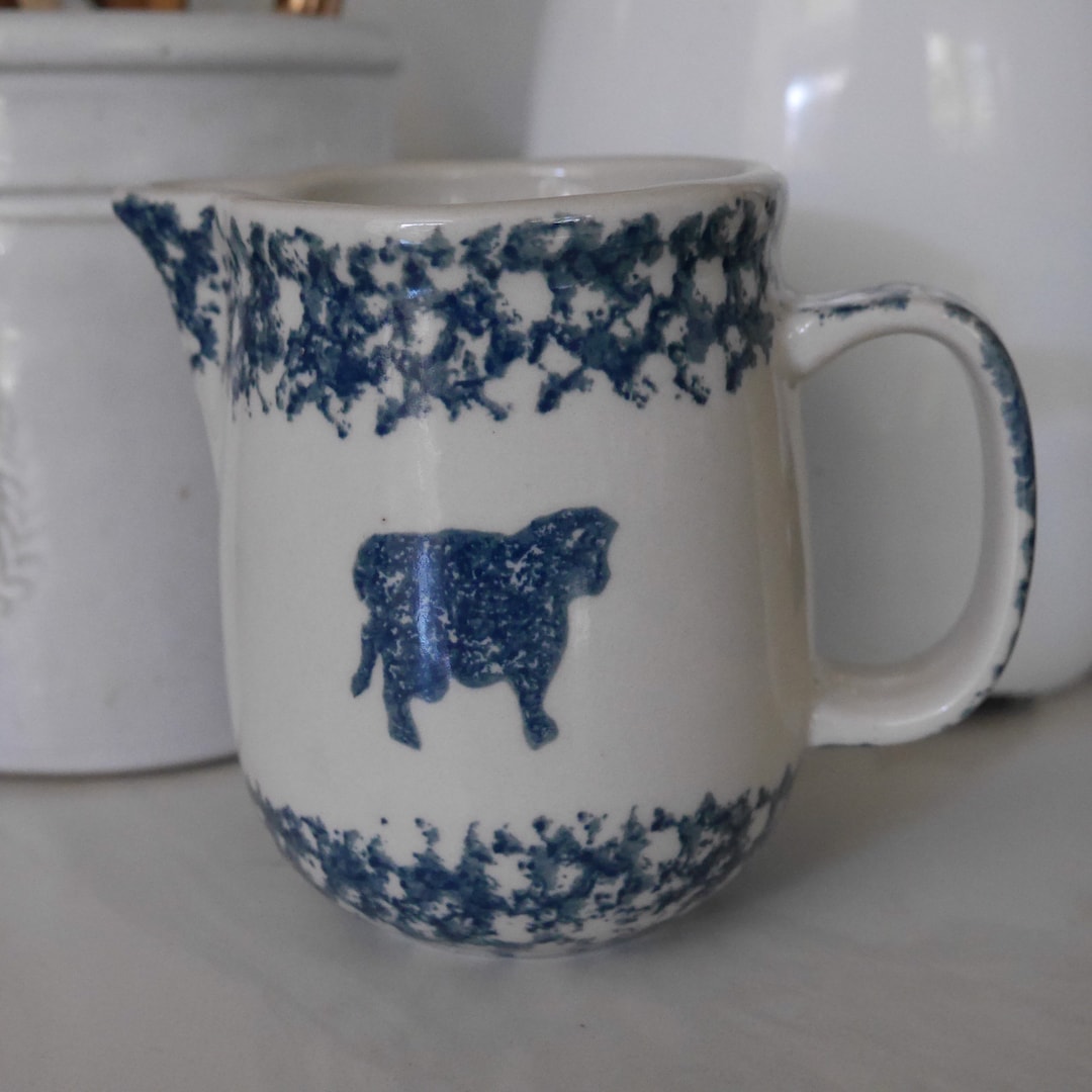 Vintage Folk Craft Tienshan Pitcher, Blue Sponge Creamer Etsy