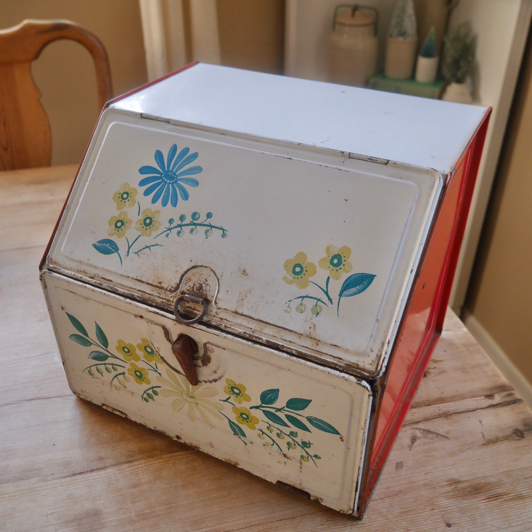Vintage Metal White Floral Bread Box With Two Shelf Etsy