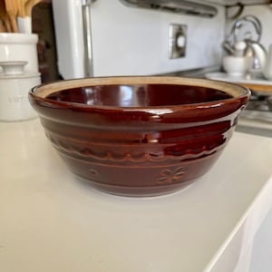 Vintage Marcrest Brown Stoneware Bowl / Dot and Daisy Pattern /  Primitive Crock Bowl / Old Farmhouse Antique Bread Bowl