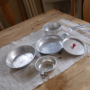 Vintage Camping Equipment in a set of 4, Vintage Aluminum Camping Mess Kit Made In Japan, Boy Scout Complete Mess Kit for Camping