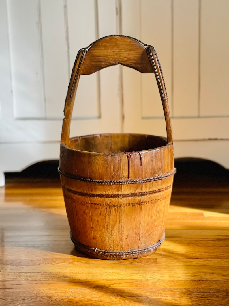 Primitive Wood Water Well Bucket Pail With Handle/ Antique Etsy