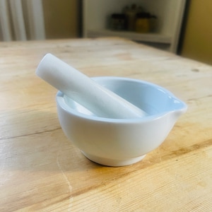 Vintage White Porcelain Mortar and Wood Pestle, Antique Primitive White Mortar Bowl and Pestle