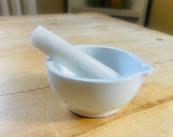 Vintage White Porcelain Mortar and Wood Pestle: Antique Kitchen Decor
