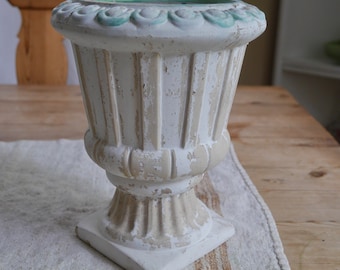 Vintage Urn Pedestal Vase / French Style Round Garden Campana Urn Planter Pot / White Pedestal Urn Vase