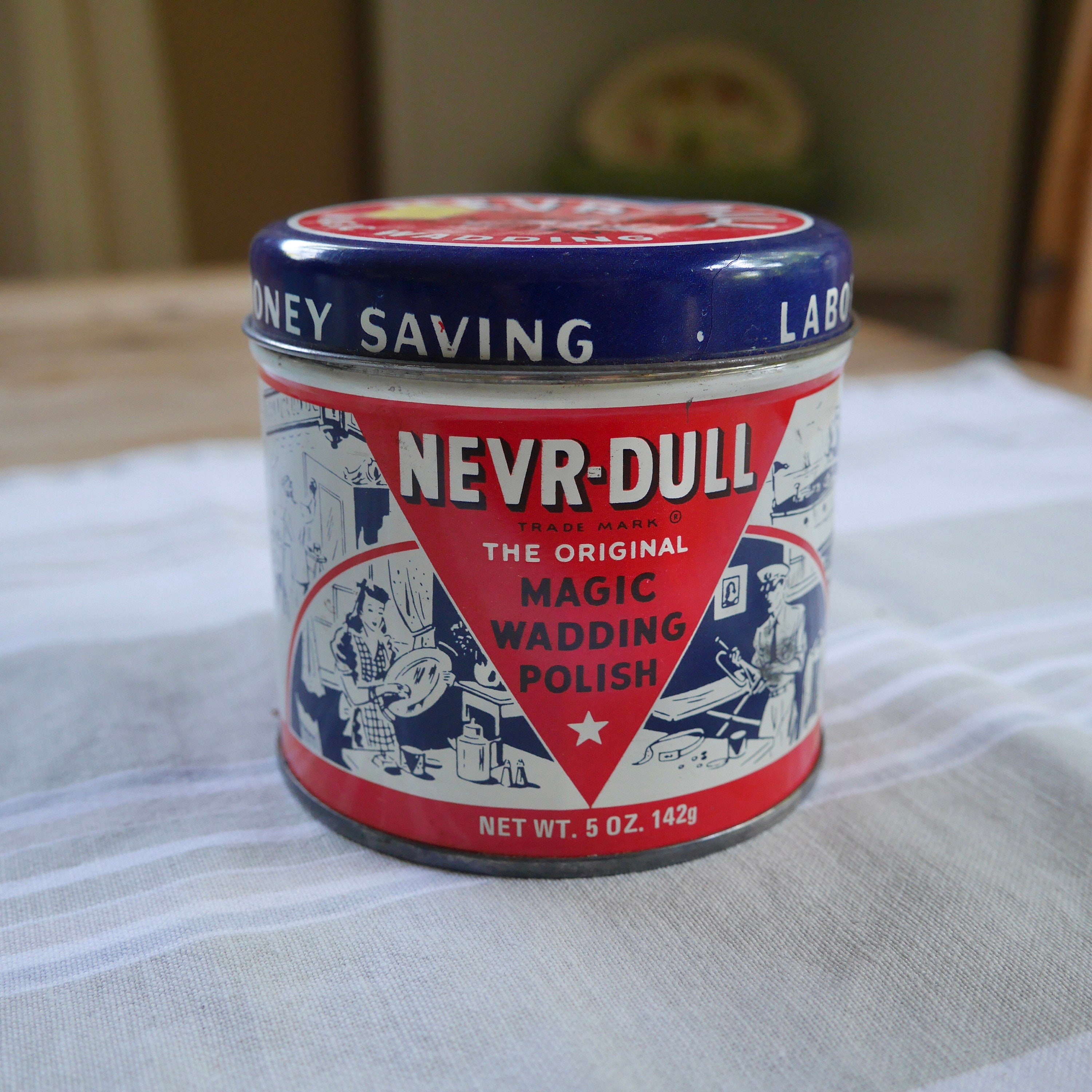 Vintage NEVR-DULL Tin Canister From 1941 / Red, White and Blue Vintage  Cracker Jack Can 