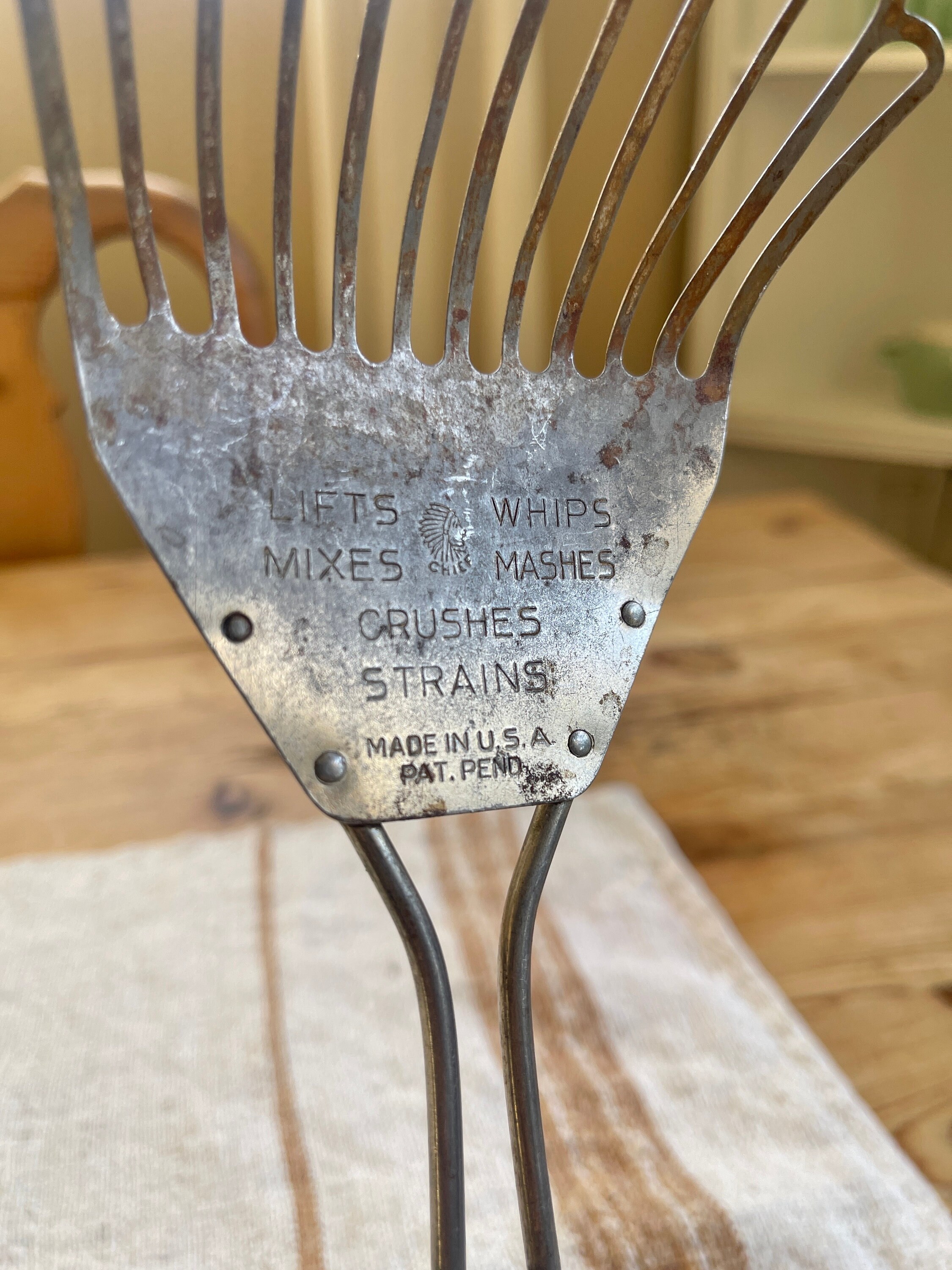 Vintage Chief Strainer Spatula / Primitive Spatula Lifts, Whips, Mixes, Mashes, Crushes, Strains Vintage Chief Strainer Spatula / Primitive Spatula Lifts, Whips, Mixes, Mashes, Crushes, Strains