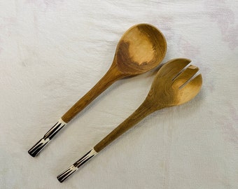 Primitive Wood Serving Utensils / Handmade Wood Spoon and Fork Set / Vintage Wood Salad Server Spoon and Fork