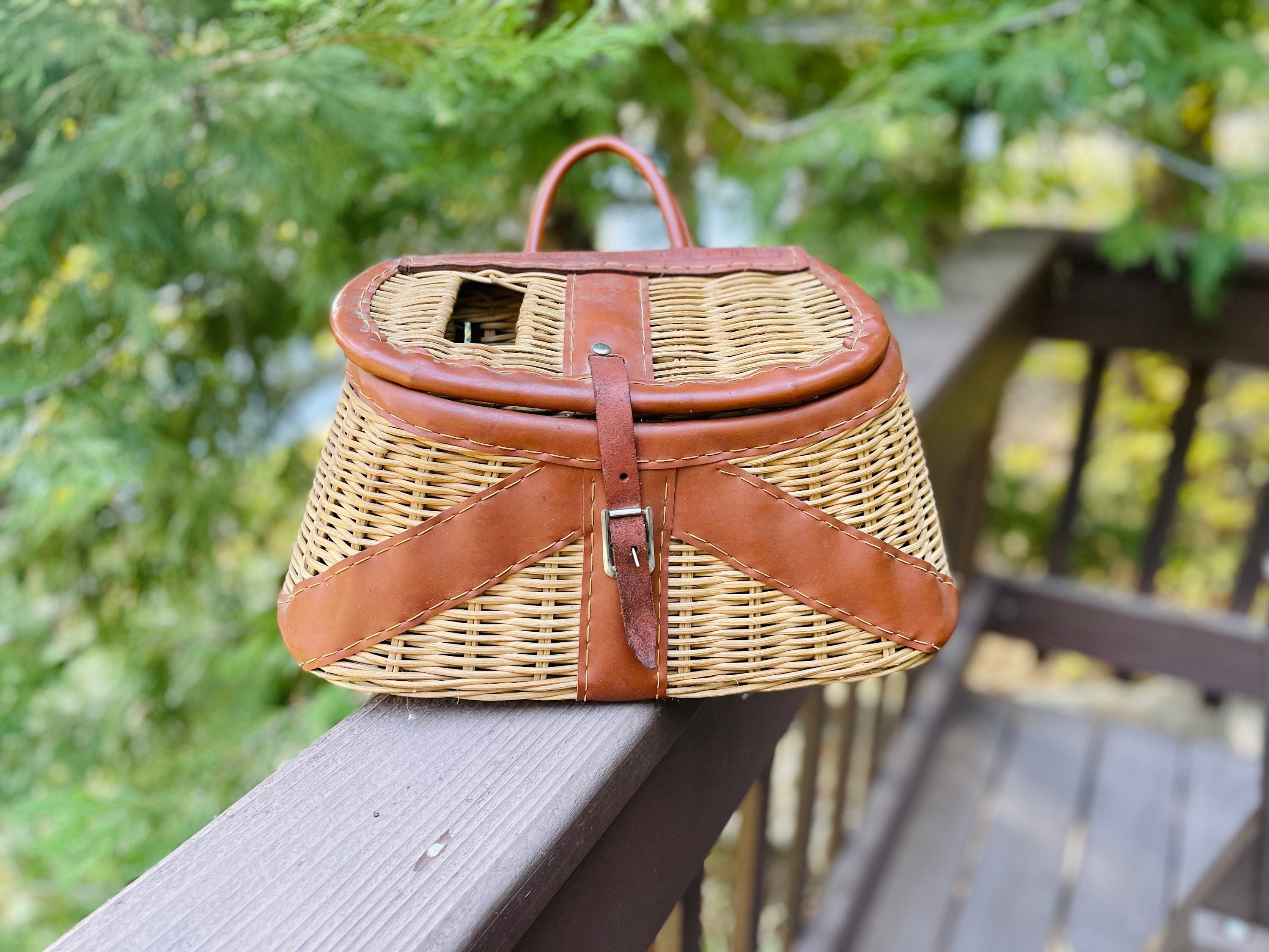 Fishing Creel Wicker Basket Hong Kong / Rare Primitive Wicker