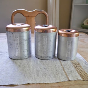Mid Century Kitchen Canisters with Copper Colored Lid / Set of Three Vintage Canisters Sugar Coffee Tea