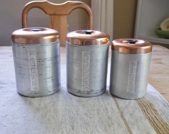 Mid Century Kitchen Canisters with Copper Colored Lid / Set of Three Vintage Canisters Sugar Coffee Tea