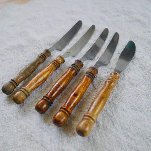 Authentic Vintage Stainless Steel Knives with Wood Handles made in Taiwan / Five Lifetime Cutlery Old Homestead Wooden Handle Dinner Knives