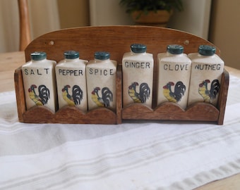 Vintage Japanese Wood Spice Rack with Ceramic Jars