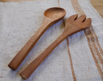 Old Wood Serving Utensils / Primitive Wood Salad Spoon and Fork / Wood Salad Utensils