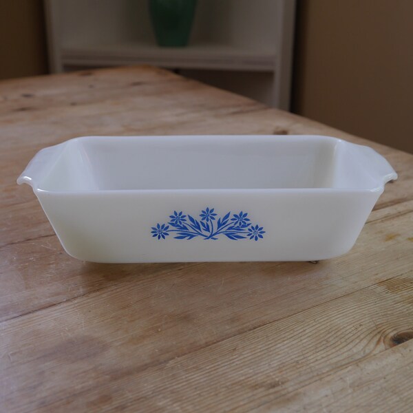 Loaf Pan with Blue Cornflowers by Fire King / Vintage Anchor Hocking Milk Glass Loaf Pan