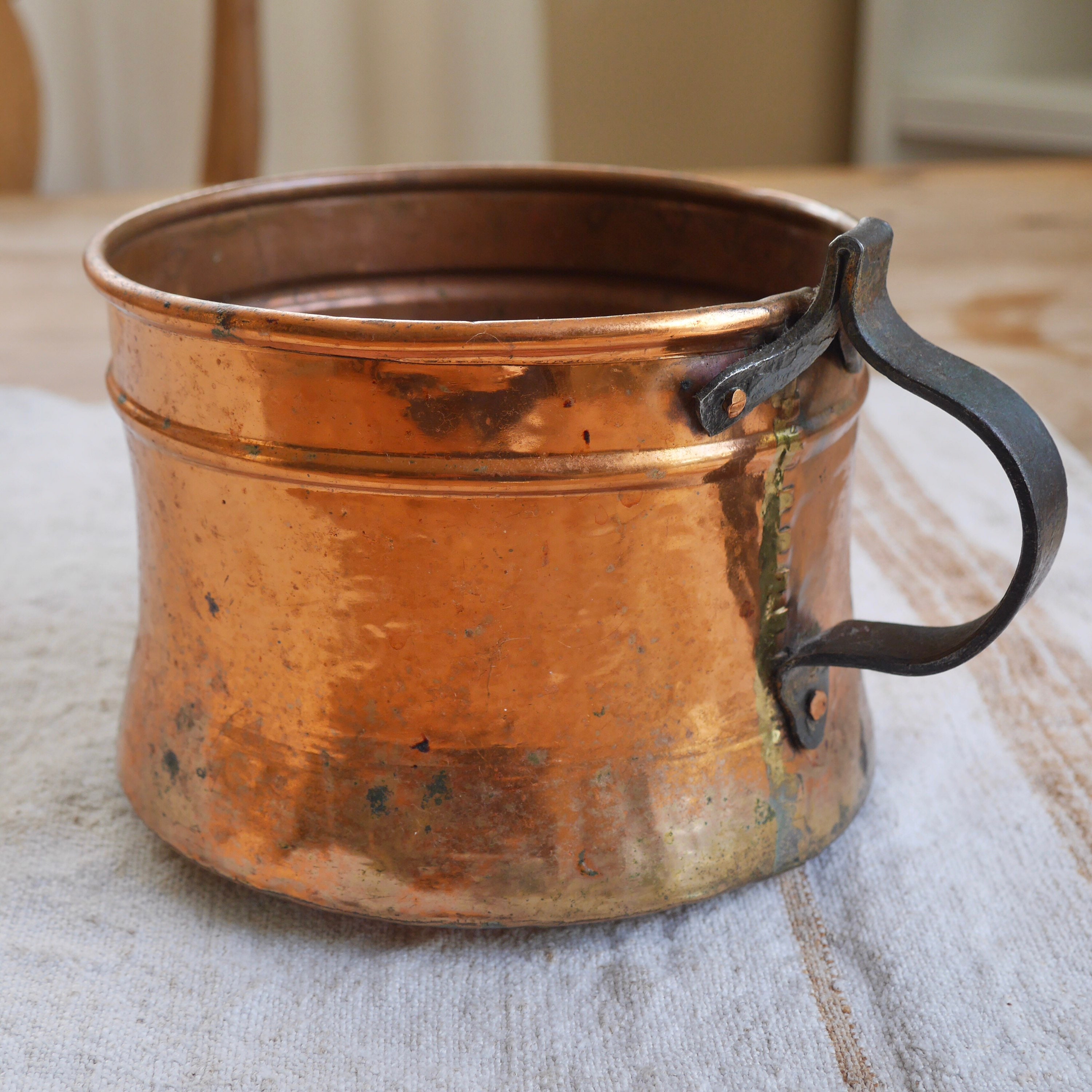 Antique Primitive Copper Iron Handle, Chamber or Cauldron