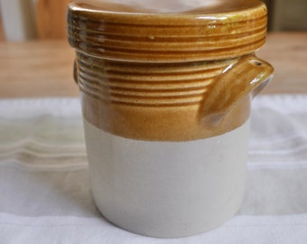 French Two Tone Crock with Lid / Vintage Stoneware Canister or Jar with Lid