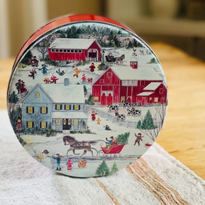Rare Vintage Christmas Tin, Christmas Day Sleigh Ride Red Tin Container, Vintage Snowy Farm House Christmas Tin by Susan Lozano
