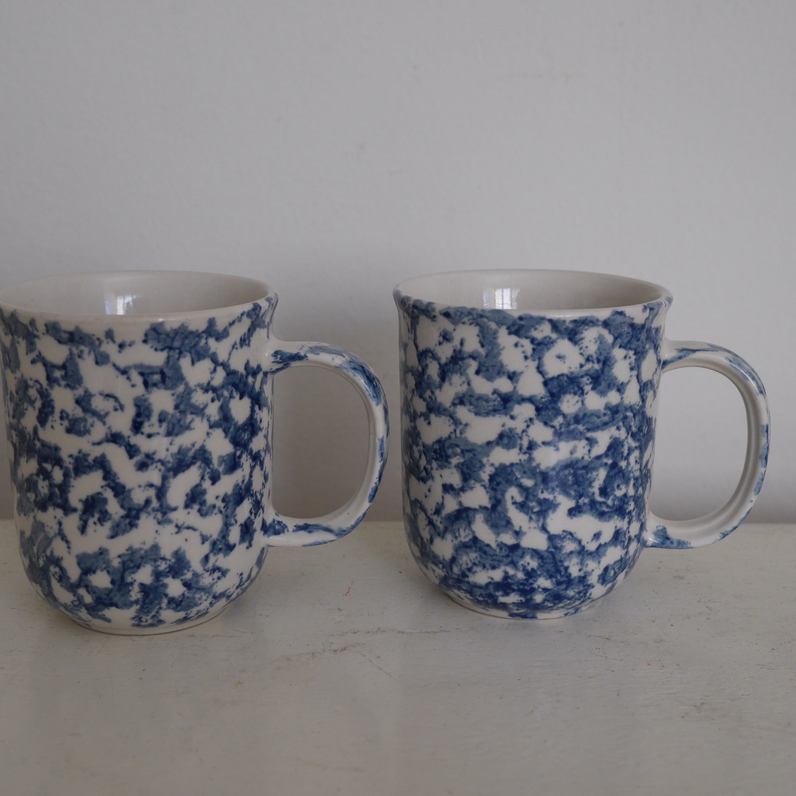 Two Vintage Folk Craft Tienshan Mugs Blue Sponge Coffee Cups Etsy
