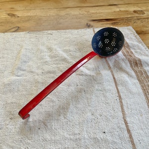 Authentic Vintage Enamel Porcelain Red Ladle Strainer Spoon / Vintage Porcelain Enamelware Strainer