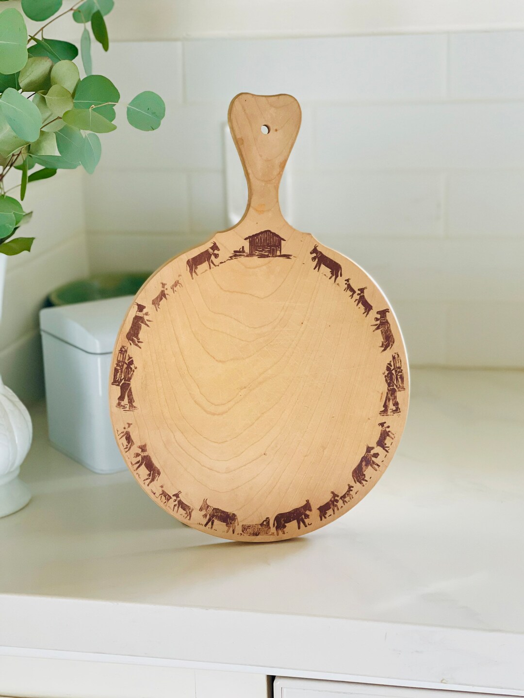 Rare Primitive Farm Animals Breadboard, Vintage Handmade Round Wood