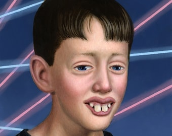 May include: A portrait painting of a young person with short brown hair wearing a black and blue patterned sweater against a blue background with pink and blue laser beams.