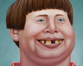 May include: A painting of a person with a round face and a short, straight brown haircut. The person is smiling and has a few missing teeth. They are wearing a pink shirt.