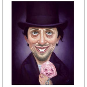 May include: A caricature painting of a man wearing a black top hat and a dark suit, holding a small pink pig with a chain attached to its neck.