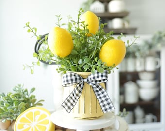 Summer Lemon Boxwood Arrangement-Tier Tray Farmhouse Decor-Tier Tray Plant-Tier Tray Greenery-Tier Tray Decor-Lemon Decor-Bathroom Plant