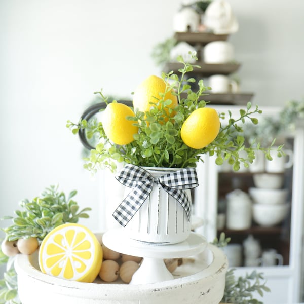 Summer Lemon Boxwood Arrangement-Tier Tray Farmhouse Decor-Tier Tray Plant-Tier Tray Greenery-Tier Tray Decor-Lemon Decor-Bathroom Plant