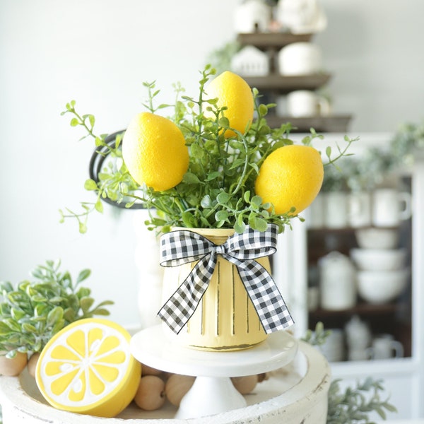 Summer Lemon Boxwood Arrangement-Tier Tray Farmhouse Decor-Tier Tray Plant-Tier Tray Greenery-Tier Tray Decor-Lemon Decor-Bathroom Plant