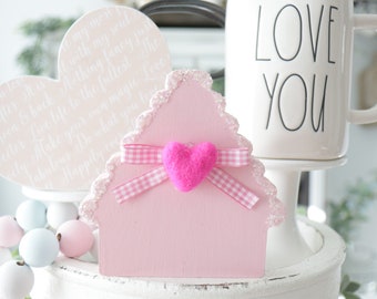 SALE! Mini Wood House-Wooden House-Valentines Decor-Valentines Day Decor-Pink-Love-Hugs and Kisses-Tier Tray-Holiday-Be Mine-Pink Decor-Aqua