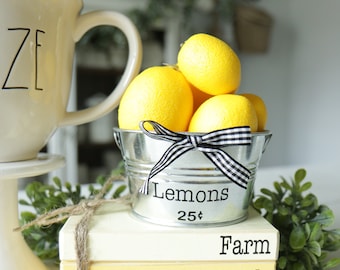 Galvanized Lemon Bucket-Summer Decor-Lemon Decor-Lemon-Fruit Decor-Lemon Kitchen-Lemonade-Tier Tray Farmhouse Decor-coffee bar decor