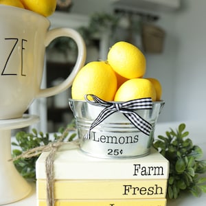 Galvanized Lemon Bucket-Summer Decor-Lemon Decor-Lemon-Fruit Decor-Lemon Kitchen-Lemonade-Tier Tray Farmhouse Decor-coffee bar decor image 1