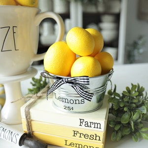 Galvanized Lemon Bucket-Summer Decor-Lemon Decor-Lemon-Fruit Decor-Lemon Kitchen-Lemonade-Tier Tray Farmhouse Decor-coffee bar decor image 2