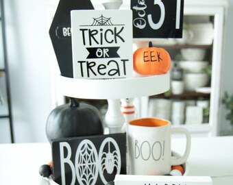 Set of 4-Halloween Sign-Boo-Trick or Treat-Oct 31-October-Happy Halloween-Fall-Small Frameless Signs-Tier Tray Sign-Tiered Tray-Rae Dunn