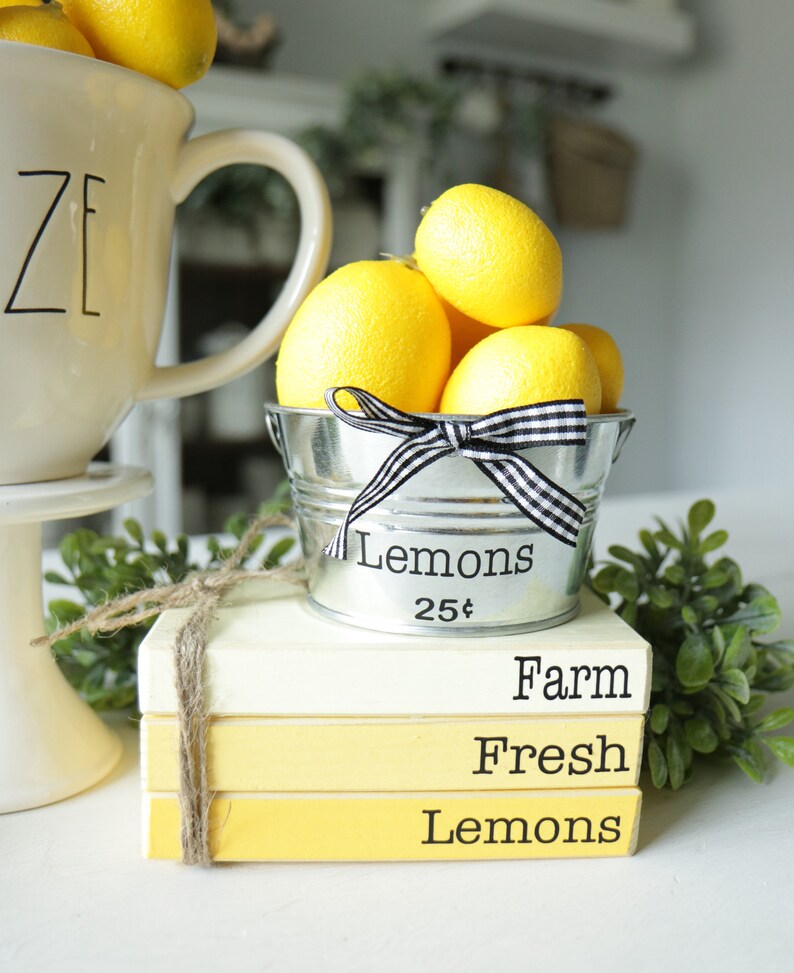 Galvanized Lemon Bucket-Summer Decor-Lemon Decor-Lemon-Fruit Decor-Lemon Kitchen-Lemonade-Tier Tray Farmhouse Decor-coffee bar decor image 1