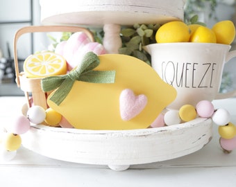 Lemon-Summer Decor-Lemon Decor-Lemon-Fruit Decor-Lemon Kitchen-Lemonade-Tier Tray Farmhouse Decor-Basket arrangement-wood lemon-lemon shape