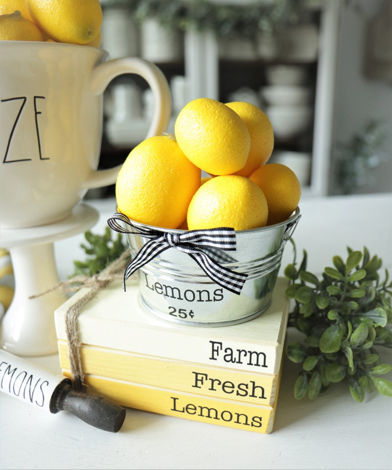 Galvanized Lemon Bucket-Summer Decor-Lemon Decor-Lemon-Fruit Decor-Lemon Kitchen-Lemonade-Tier Tray Farmhouse Decor-coffee bar decor image 2