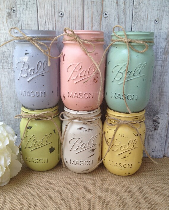 Items similar to Pint Mason Jars,Pastels,Pink,Yellow,Painted Mason Jars