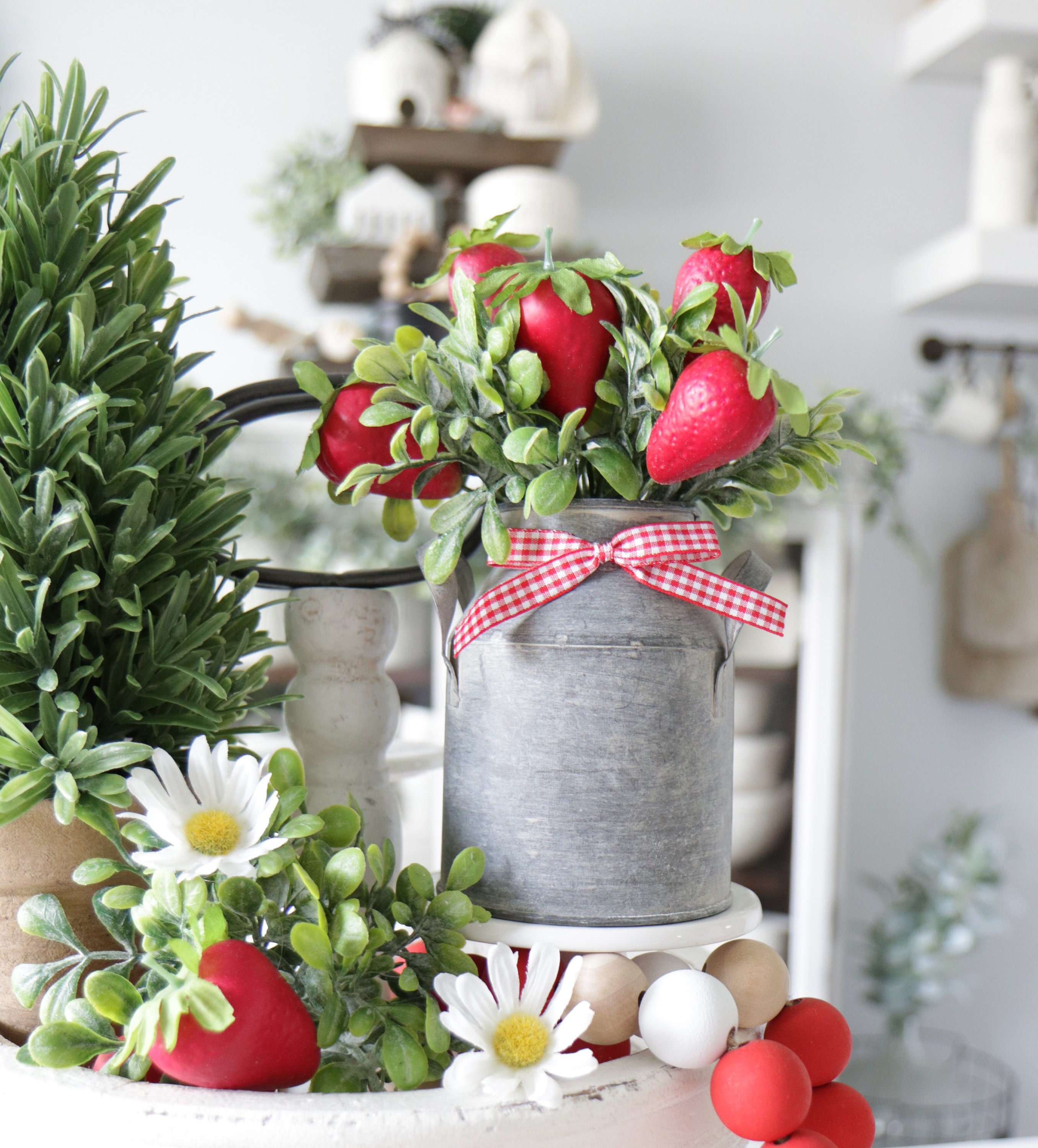 Galvanized Bucket-Strawberries-Strawberry Floral-Summer Decor-Strawberry  Decor-Tier Tray Decor-Farmhouse Decor-Tier Tray-Sign-Fruit Tray