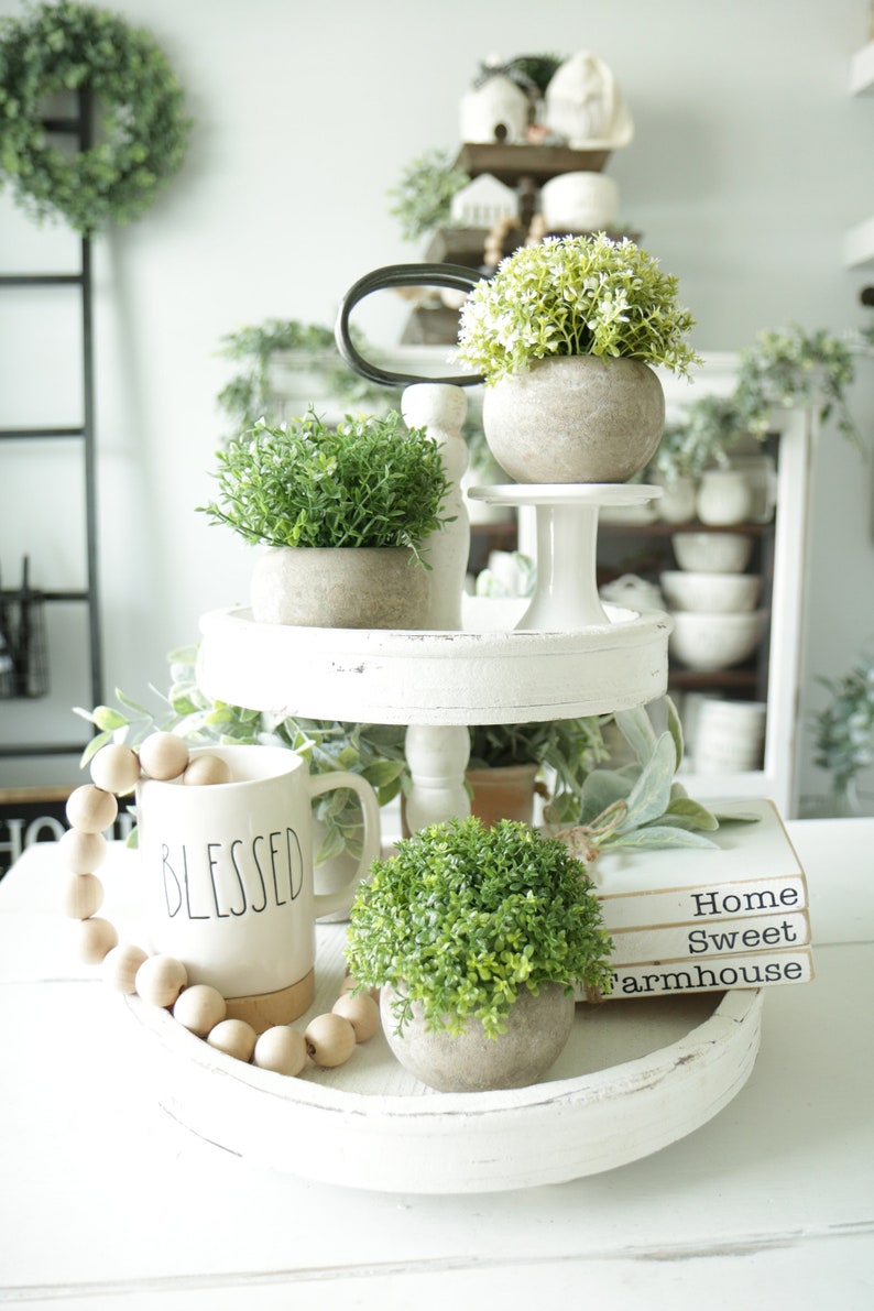 Greenery Arrangementmini Tiered Tray Greeneryfarmhouse Home Etsy