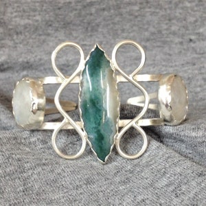 Sterling Silver Cuff Bracelet with Moss Agate and Moonstones