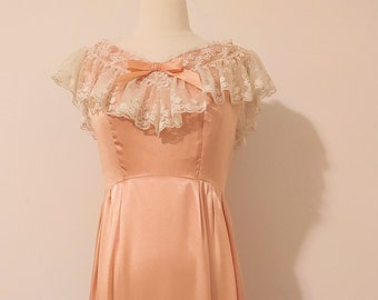 Vintage 70s Peach Satin Lace Edge Shoulders Maxi Dress