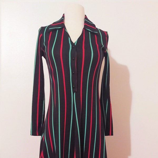 Vintage 70s Clovis Ruffin Stripe Polyester Maxi Dress