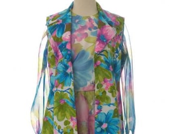 Vintage 1960's Floral Chiffon Dress w/ Matching Sleeveless Coat