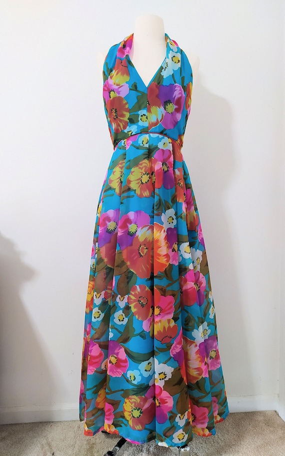 1970s Colorful Floral Print Halter Maxi Flare Dre… - image 1