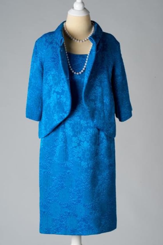 Vintage 1950s Blue brocade Dress and Jacket Set