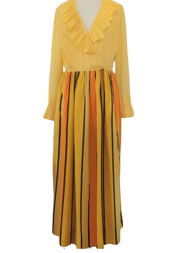 Vintage 1970s Ruffled Neck Striped Two-Tone Maxi … - image 1